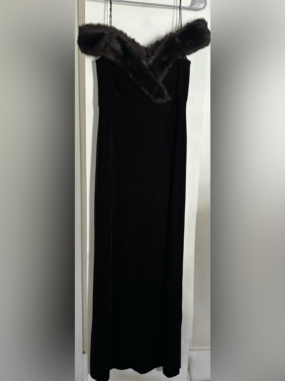 Vintage Cachet Brown Velvet Off The Shoulder Dress